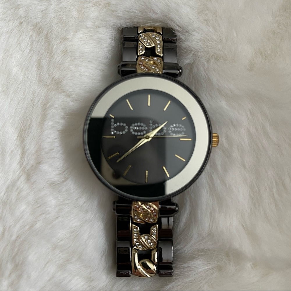 Bebe Black Chrome & Gold Watch With Crystals